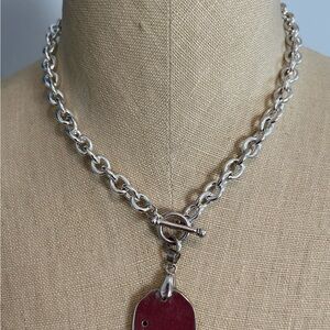 Bold Silver and Red Necklace with Teardrop Pendant